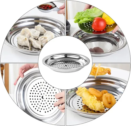 Vista 6 de Hemoton Plato de bola de masa hervida de acero inoxidable, platos de drenaje redondo para servir postres, platos de pasta, salsa para pizza, filete