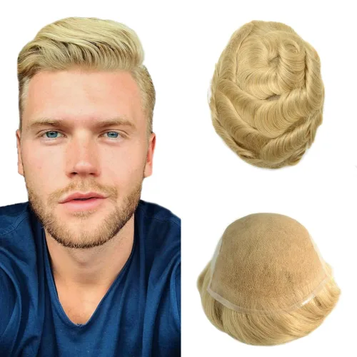 Vista 17 de Toupee para hombres pieza de pelo suave suizo encaje real sistema de cabello humano reemplazo blanqueado nudo mens tupé sistema de pelo para hombres