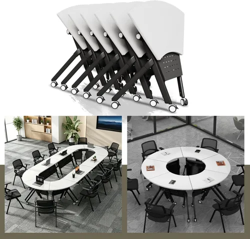Vista 28 de Mesas de sala de conferencias, mesa de conferencias plegable con ruedas silenciosas, mesa trapezoidal de 47.2 pulgadas, mesa moderna para sala
