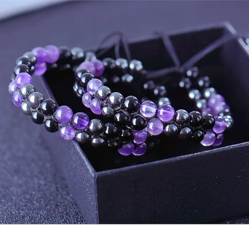Vista 4 de Paquete de 2 pulseras de triple protección, obsidiana negra y hematita genuina de ojo de tigre y cuentas de hematita para hombres y mujeres, hechas