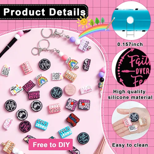 Vista 3 de Zeyune 40 cuentas focales de silicona para bolígrafos, cuentas de silicona coloridas para hacer llaveros, regalo de graduación, collares, pulseras
