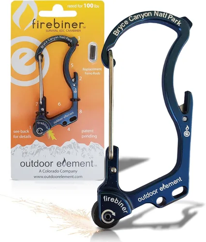Vista 13 de OUTDOOR ELEMENT Firebiner Custom Engraved 6-in-1 Fire Starter Carabiner Multitool – Survival Gear EDC Keychain with Utility Blade, Bottle Opener