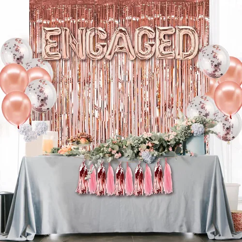 Vista 2 de Juego de globos de compromiso de oro rosa con letras y pancartas con globo de anillo de diamantes