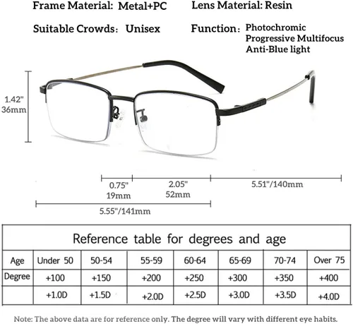 Vista 7 de Gafas de lectura fotocromáticas progresivas multifocal, bloqueo de luz azul, rectangular, marco de metal, bloqueo UV, lectores solares AM10