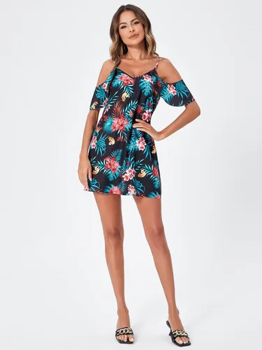 Vista 6 de Floerns Vestido bohemio de manga corta con hombros descubiertos y estampado tropical para mujer