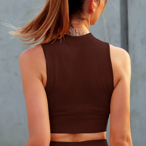 Vista 5 de Conjuntos de entrenamiento para mujer, 2 piezas, ropa de gimnasio, yoga, camiseta sin mangas, acanalada, sin costuras, cintura alta, pantalones