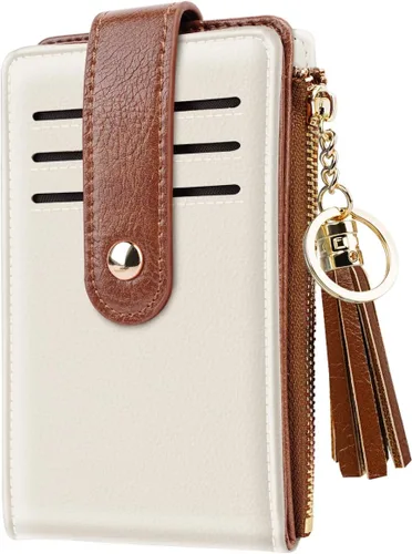 Vista 13 de Cartera delgada con bloqueo RFID para mujer, cartera de cuero con múltiples tarjetas, cartera plegable con borla, bolsillo con cremallera