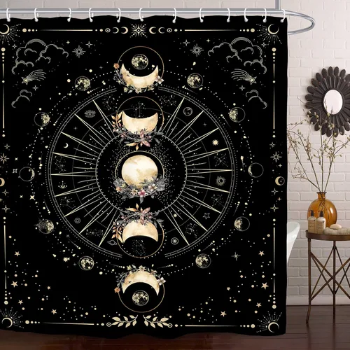 Vista 19 de Cortina de ducha gótica del zodiaco con fases lunares, constelación, astrología, galaxia, misteriosa, tarot, bruja, estética, 60 pulgadas de ancho