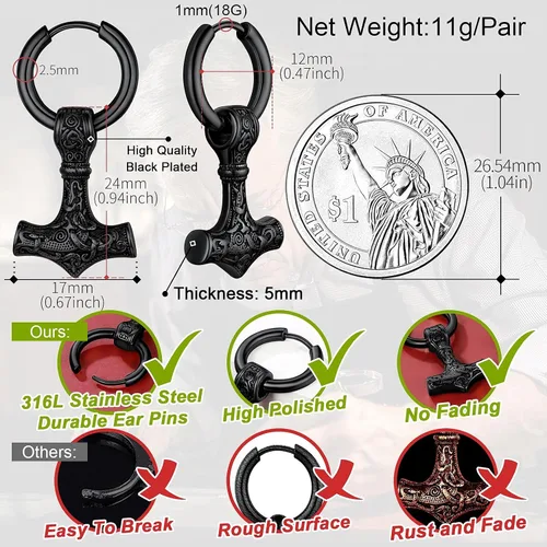 Vista 4 de FaithHeart Viking Thors - Aretes de cabeza de martillohachalanza para mujeres y hombres acero inoxidable chapados en oro de 18 quilates joyería