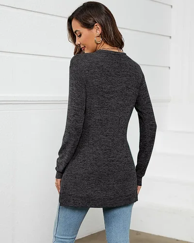 Vista 3 de 2 sudaderas casuales de manga larga para mujer, cuello redondo, sin botones, con bolsillos laterales, túnica de otoño