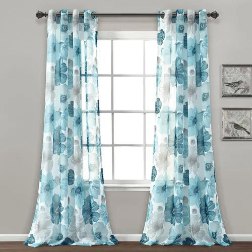 Vista 14 de Lush Decor Julie - Paneles de cortinas de ventana con aislamiento floral y ojales 100% opacas, par, 38" de ancho x 95" de largo, azul y verde Azul