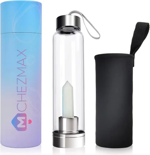 Vista 26 de ChezMax Botella de agua en cristal con centro de cristal natural intercambiable 18.6Oz, Natural Quartz Gemstone, Juice Container with Lid Sleeve