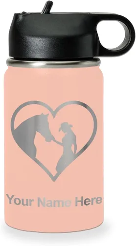 Vista 45 de LaserGram Botella de agua personalizada, corazón de vaquera de caballo, acero inoxidable de doble pared aislada al vacío con popote superior, regalo