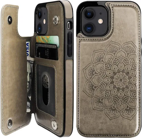 Vista 7 de Vaburs Funda compatible con iPhone 12 y iPhone 12 Pro con tarjetero, diseño de mandala en relieve de flor de piel sintética, doble botones