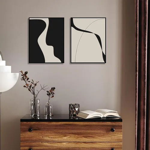 Vista 3 de BOKPEN Arte de pared de lienzo abstracto en blanco y negro, pinturas minimalistas de líneas, obras de arte, póster geométrico de mediados de siglo