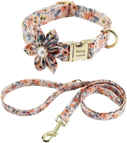 Vista 6 de Juego personalizado de collar y correa para perro con nombre y placa de número de teléfono, collar de perro con margaritas personalizado para perros