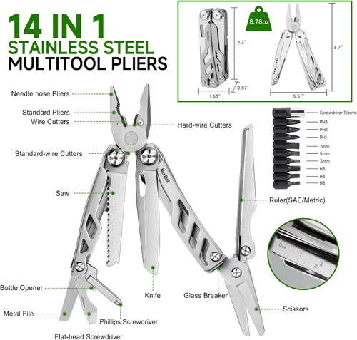 Vista 4 de NexTool Multiherramienta 14 en 1, alicates multiherramienta de acero inoxidable con cuchillo de bolsillo 80Cr14Mov, 2 seguros de seguridad y tijeras