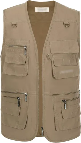 Vista 2 de Hbufnha Chaleco de viaje casual Safari para hombre, 16 bolsillos, chaleco de trabajo al aire libre, chaqueta sin mangas, chaqueta de pesca