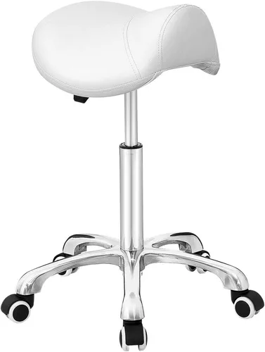 Vista 8 de Antlu Taburete Tipo Silla de Montar con Ruedas para Salón Médico de Pestañas Masaje Cocina Spa, Taburete Hidráulico Ajustable con Ruedas (Beige)