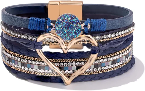 Vista 11 de Pulseras de cuero con corazón grueso, estilo bohemio, apilable, lindo Negro