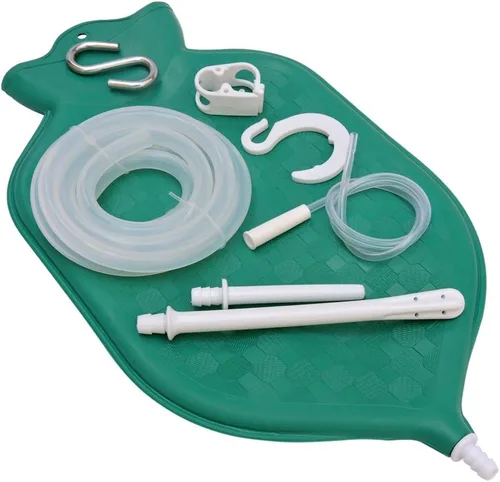 Vista 3 de Kit de bolsa de enema para limpieza de colon con manguera de silicona curada de platino (2 cuartos de galón, parte superior abierta) - Verde
