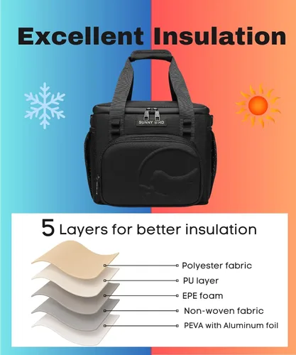 Vista 8 de SUNNY BIRD Lonchera térmica grande de 12 litros, a prueba de fugas y plegable, para mujeres adultas y hombres, se adapta a 18 latas (Negro 01)