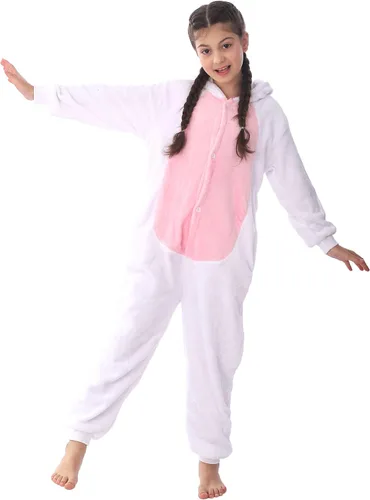 Vista 7 de WOYASIM Disfraz de conejo de franela para niños, disfraz de animal para niñas y niños, Halloween, conejo de Pascua