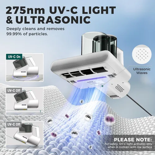 Vista 5 de HAUSHOF Aspiradora de colchón, aspiradora de cama de 16 Kpa con luz UV-C de 275 nm, calor de 140 °F, ultrasónico, filtro HEPA, vasos de polvo