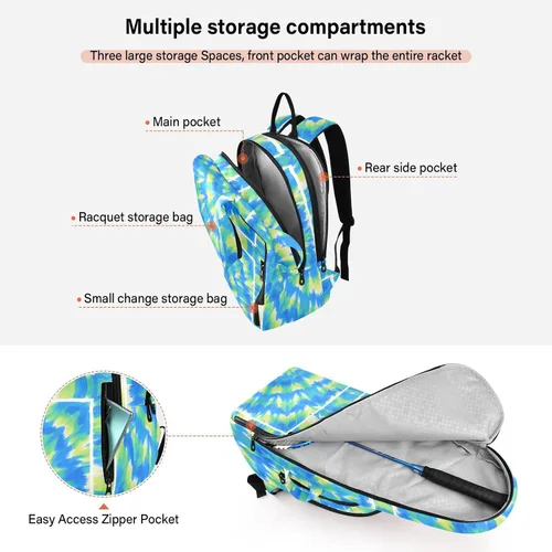 Vista 5 de Sporting Goods Tennis Bag BreathableTie-dye Blue Green Circle 2 Rackets Padded Tennis Bag Gym Bag for Men Women Tennis Sport Tenis