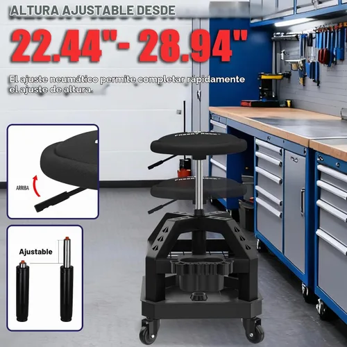 Vista 3 de Taburete de taller rodante con ruedas, taburete de trabajo de garaje resistente para mecánicos, altura ajustable de 22.44"-28.94", silla giratoria