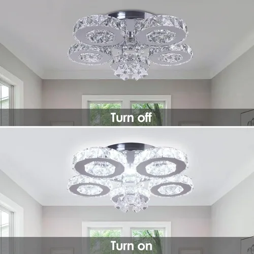 Vista 7 de Lámpara moderna de techo de cristal grande, lámpara de araña LED de cinco anillos, luz colgante para comedor, dormitorio, cocina