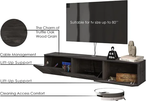 Vista 5 de Atelier Mobili - Soporte de TV flotante negro de 65 pulgadas, centro de entretenimiento flotante para TV de 80 pulgadas, gabinete de TV negro