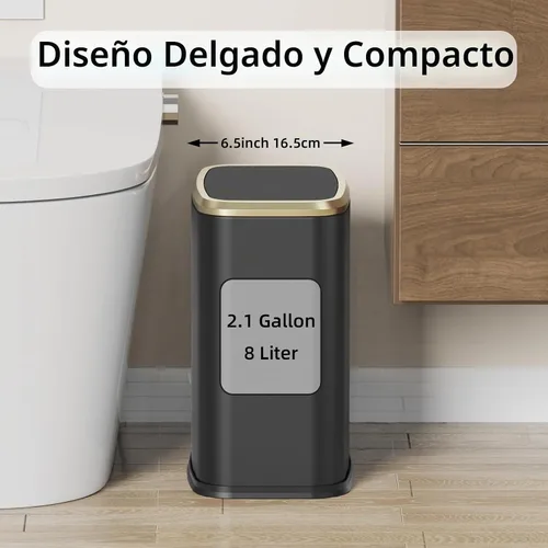 Vista 2 de Cubo de basura pequeño para baño de 8L/2.1 galones con tapa, cubo de basura rectangular con tapa abatible, cubo de basura de acero inoxidable