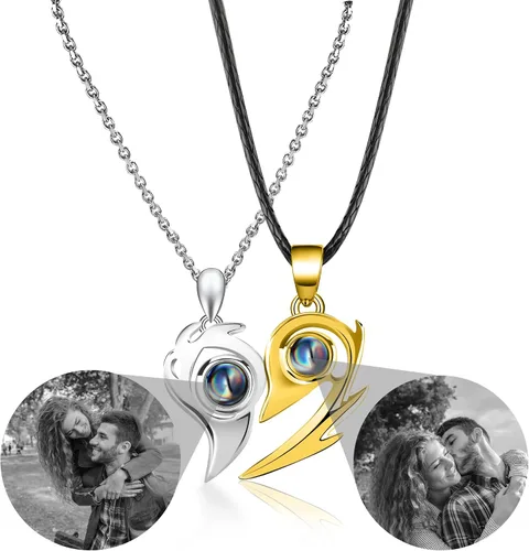 Vista 2 de Hurykte Collares magnéticos en forma de corazón, collar con colgante de proyección de 100 idiomas para parejas, regalo de San Valentín