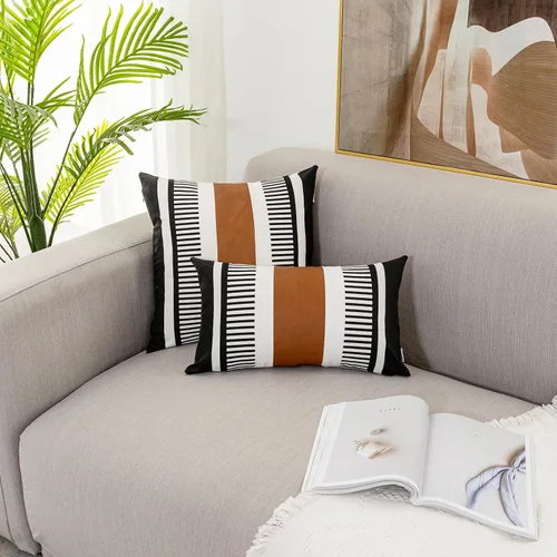 Vista 5 de Funda de almohada lumbar decorativa a rayas 12x20 negro, blanco