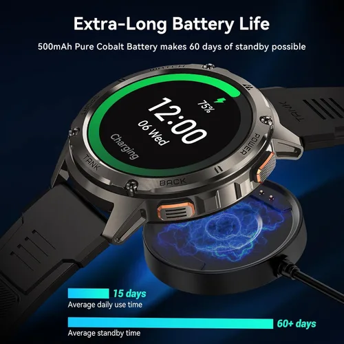 Vista 5 de AMAZTIM Relojes inteligentes para hombres, batería extra larga de 60 días, Bluetooth militar resistente para llamadas (contestar/realizar llamadas)