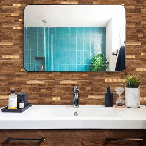Vista 2 de Midcard 10 hojas de azulejos de pared adhesivo para salpicaduras de PVC, para salpicaduras de cocina.. Rectangular Marrón Oscuro