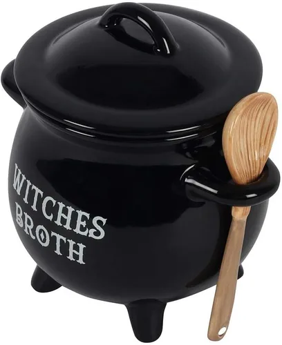 Vista 2 de Pacific Giftware Cuenco de cerámica para caldero de brujas con cuchara de escoba