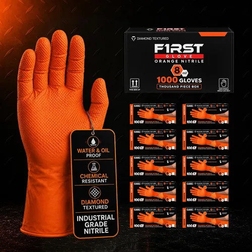Vista 7 de First Glove 8 Mil Heavy Duty Nitrile Gloves - Diamond Grip - Disposable Gloves for Mechanic, Automotive & Industrial Work
