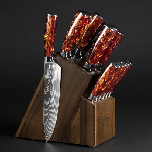 Vista 10 de SENKEN - Juego de 16 cuchillos de acero inoxidable japonés de alto carbono con patrón de damasco, asas de resina azul, 6 cuchillos para carne