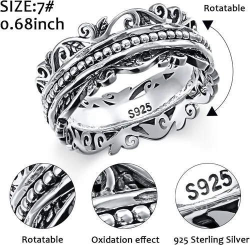 Vista 5 de Spinner Ring 925 Sterling Silver Fidget Rings for Anxiety Stress Relieving ADHD Autism Rings Women Men