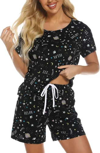 Vista 24 de ENJOYNIGHT - Conjunto de pantalones cortos de pijama para mujer, pijamas de algodón para verano, ropa de dormir con bolsillos Negro