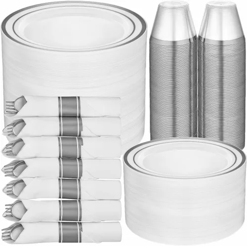 Vista 7 de R-kay Juego de vajilla de plástico dorado de 350 piezas para 50 invitados, platos de plástico dorado para fiestas, platos de fiesta y tazas