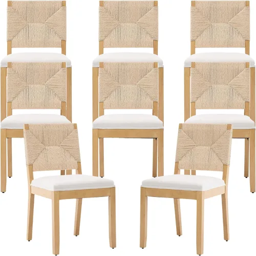 Vista 19 de ODUSE-DAILY Juego de 2 sillas de comedor French Country color beige, sillas de comedor de madera bohemia con respaldo tejido y asiento tapizado