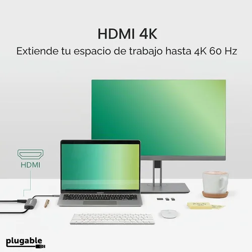 Vista 3 de Plugable Adaptador multipuerto USB C 7 en 1 sin controlador con Ethernet, HDMI 4K60Hz, carga de paso de 100 W, 2 USB 3.0, SD/microSD, para USB-C