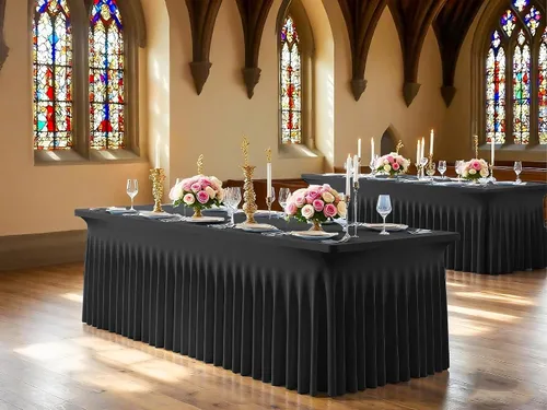 Vista 5 de 2 Packs Black Spandex Table Clothes for 6 Foot Rectangle Tables, Wrinkle Resistant Fitted Tables Cover, Washable Stretch Table Skirts for Weddings