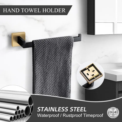 Vista 4 de TURS Juego de accesorios de baño de 3 piezas, soporte para toallas de mano negro y dorado, soporte para papel higiénico, gancho para toallas, juego