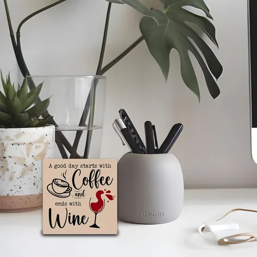 Vista 4 de Cartel de mesa de café y vino para mesa de escritorio – Un buen día comienza con café y termina con vino – Bloque de madera de 5 x 5 pulgadas