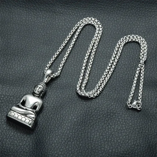 Vista 4 de SINLEO Collar con colgante de Buda tibetano de acero inoxidable para hombre, amuleto de Amitabha