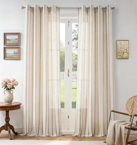 Vista 30 de DriftAway Cortinas de estilo granja con rayas verticales de lino mezclado texturizado con filtro de luz semitransparente para sala de estar